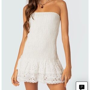 NWT Edikted White Smocked Ruffled Eyelet Mini Dress